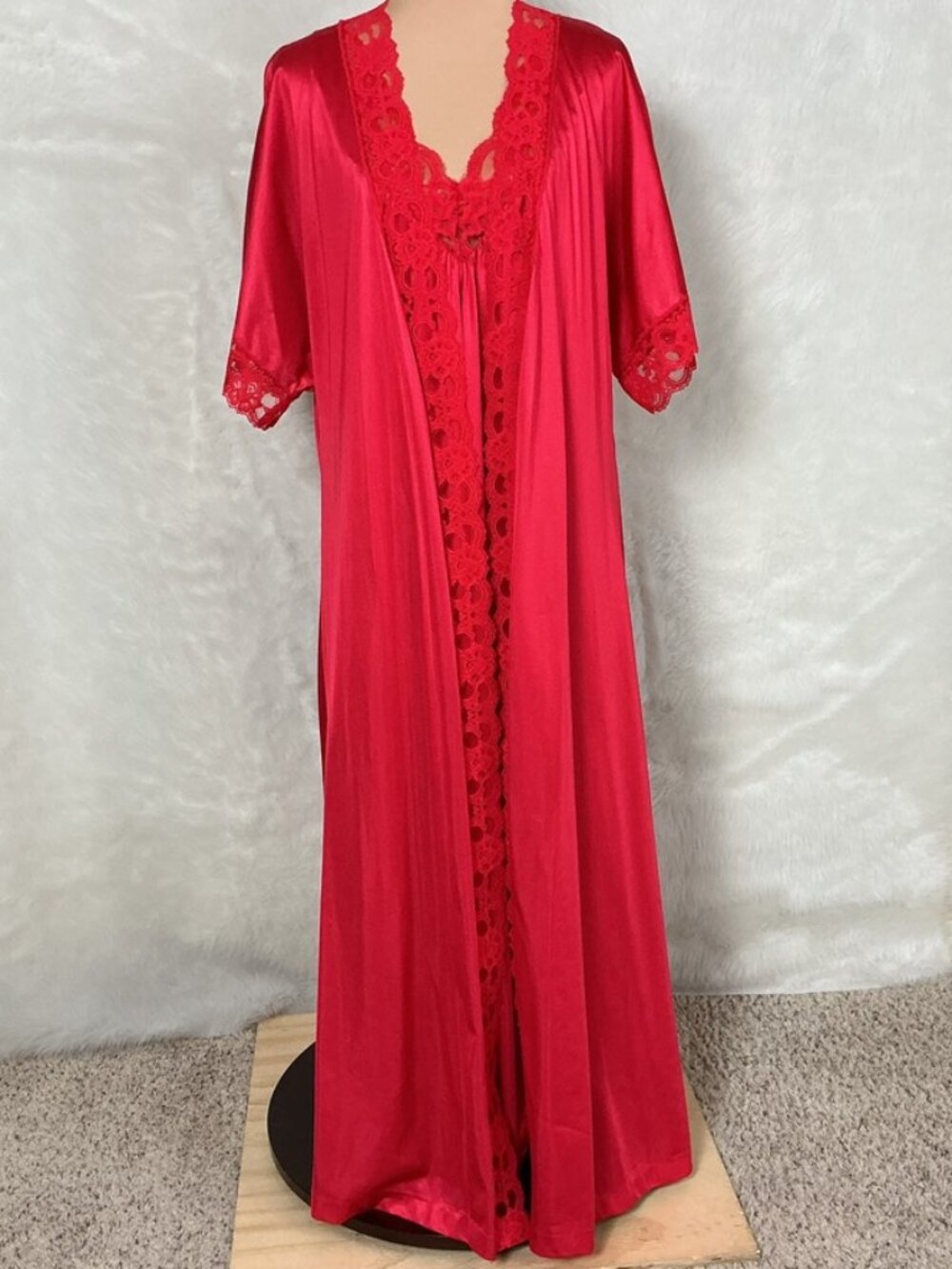 Vintage 70s Red Nylon Lace Nightgown & Robe Set Lady Romance M/L
